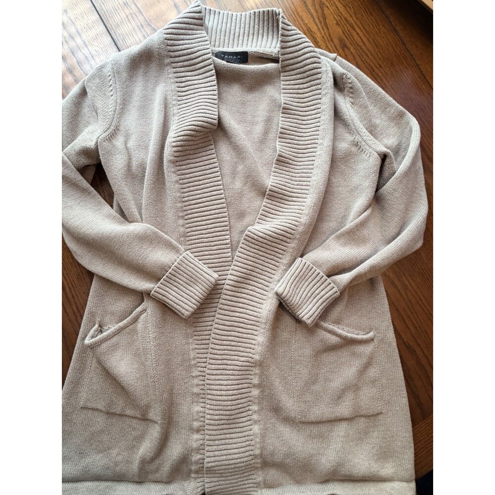 Tahari Beige Knit Open Front Cardigan Sweater Women's L Shawl Collar Pockets